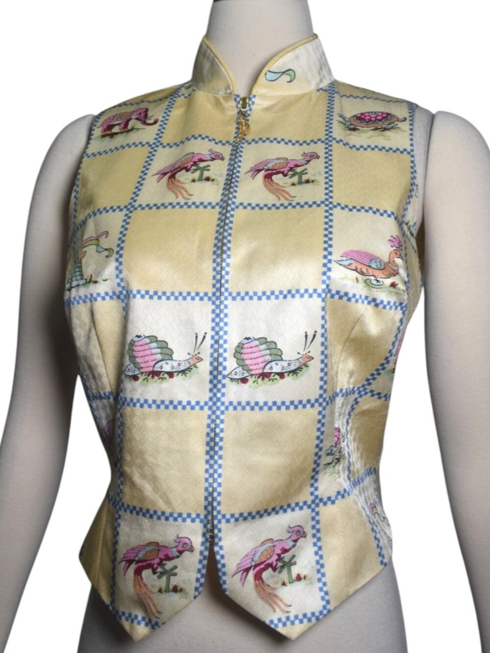 Vintage 90s TAPP New York 100% Silk Novelty Animal Birds check Print Zip Vest M